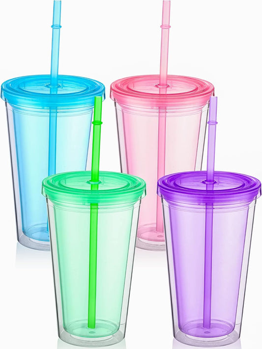 Nuogo 4 Pieces Insulated Double Wall Plastic Tumbler with Lids and Straws Reusable Transparent Plastic Cup 16 oz Tumbler Bulk for Coffee Drinks Milk Tea Juice, Pink, Blue, Green, Purple