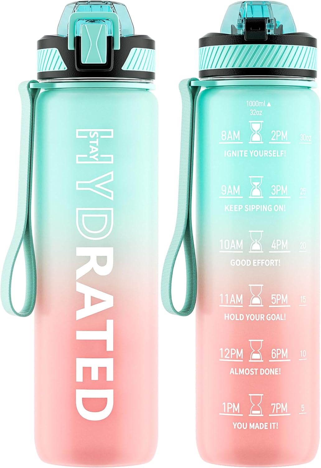 QLUR Water Bottle with Straw, 32oz Motivational Water Bottles with Time Marker to Drink, Tritan BPA Free, 1L Sports Water Bottle with Carry Strap LeakProof for Women Gym Fitness Outdoor (1 Pack)