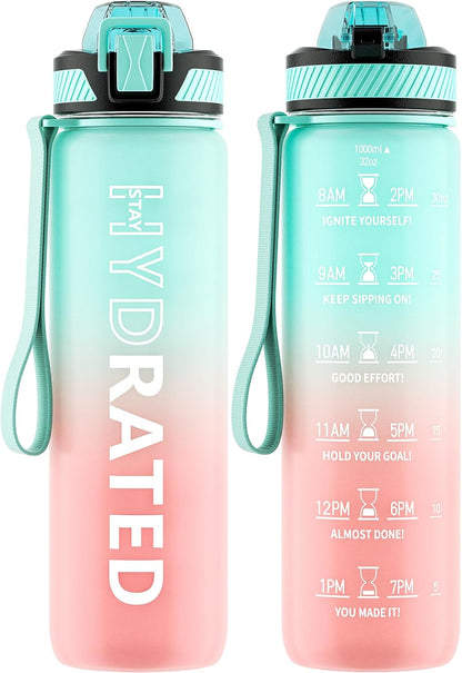 QLUR Water Bottle with Straw, 32oz Motivational Water Bottles with Time Marker to Drink, Tritan BPA Free, 1L Sports Water Bottle with Carry Strap LeakProof for Women Gym Fitness Outdoor (1 Pack)