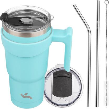 Konokyo 20 oz Tumbler with Handle and 2 Straw 2 Lid, Insulated Water Bottle Stainless Steel Vacuum Cup Reusable Travel Mug,Black