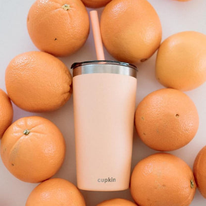 CUPKIN Stainless Steel Insulated Tumbler with Lid and Straw, 20 oz Stainless Steel Cups, Set of 2 Travel Coffee Mug for Adults, Iced Coffee Cup with Lid, Tumbler for Travel (Coral + Yellow)