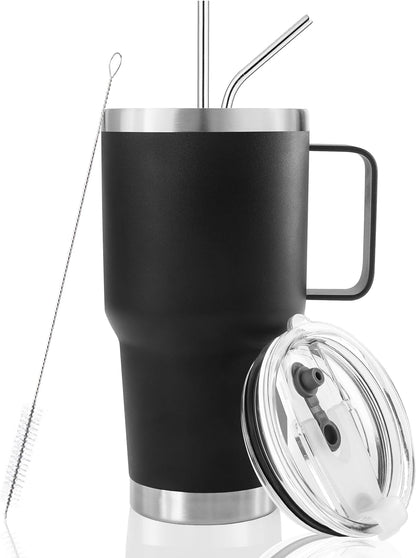 30 oz Tumbler With Handle, Double Wall Stainless Steel Vacuum Insulated Travel Mug with Splash-Proof Lid Metal Straw and Brush (Cream)