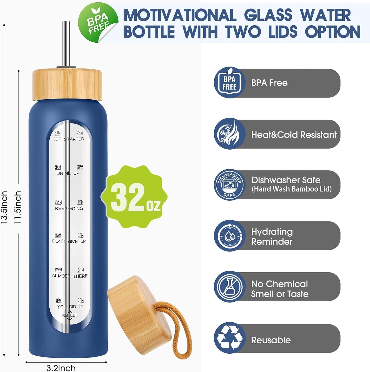 SipZest 32 oz Glass Water Bottle with Straw - Motivational Time Marker & Silicone Sleeve - Reusable Tumbler Includes 2 Bamboo Lids & Fruit Infuser - 1 Pack