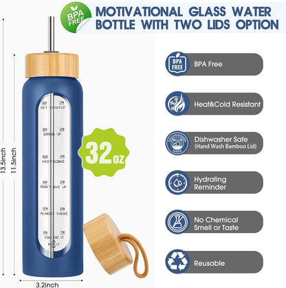SipZest 32 oz Glass Water Bottle with Straw - Motivational Time Marker & Silicone Sleeve - Reusable Tumbler Includes 2 Bamboo Lids & Fruit Infuser - 1 Pack