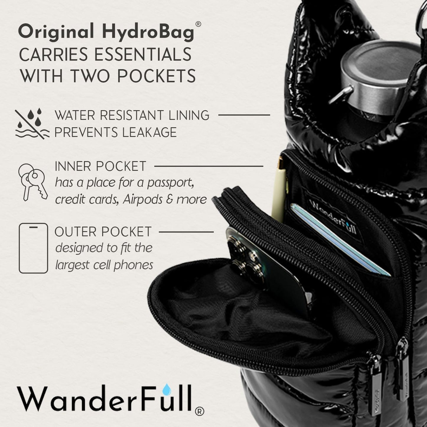 WanderFull Original HydroBag Fits Up to 32 oz Water Bottle Holder with Strap – Hands-Free Crossbody Water Bottle Carrier Bag with Phone Pocket - Colors B