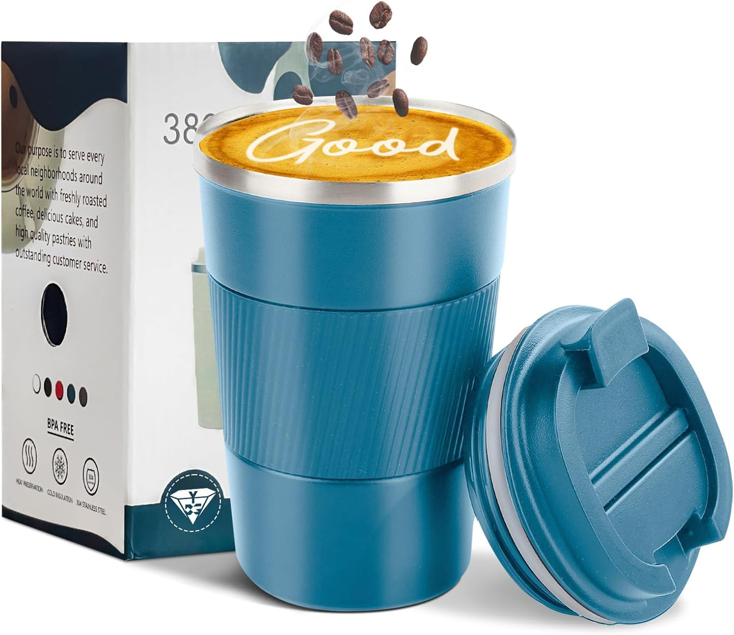 YINBAOGE Insulated Travel Coffee Mug, Spill & Leak Proof, Portable To Go Camping Stainless Steel Coffee Tumbler, Reusable Thermal Coffee Cup with Lid for Hot & Cold Drinks (Black, 12 OZ)
