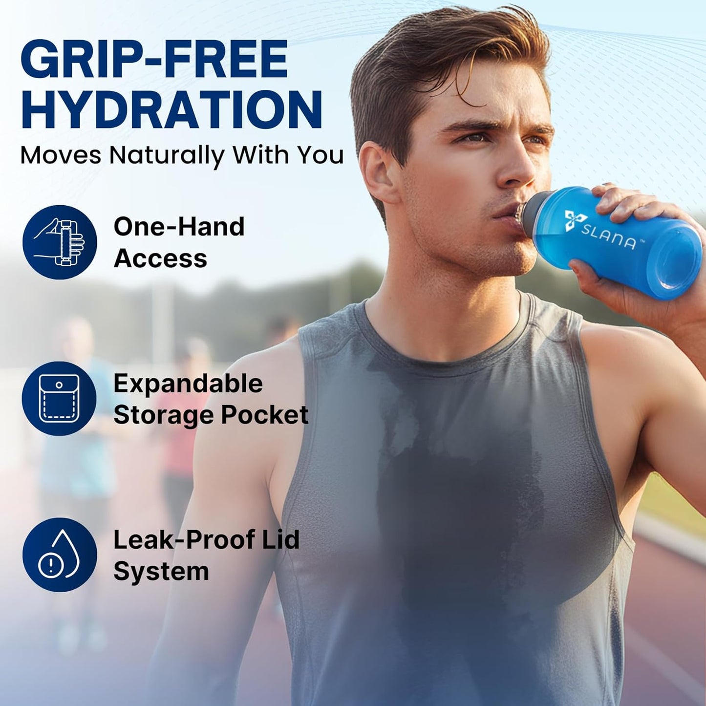 Handheld Running Water Bottle 18 oz – Grip-Free Collapsible Water Bottles for Running with Adjustable Strap & Thumbhole, Expandable Phone Pocket, Race Cap for One-Hand Drinking