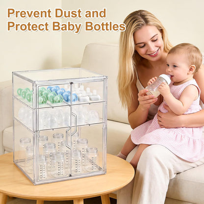 ERTIUANIO Baby Bottle Organizer – 3 Tier Bottle Storage Organizer Baby for Nipples, Pump Parts, Food Jars – Clear Acrylic Bottle Station Organizer for Countertop and Kitchen, Gifts for New Mom