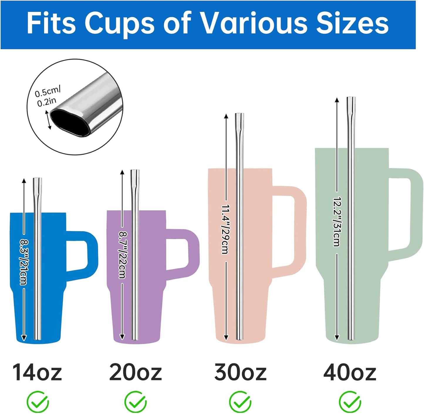 NiHome 8PCS Stainless Steel Straws Fit for Stanley 40oz 30oz 20oz 14oz Tumblers, 4 Lengths Reusable Drinking Straws with Cleaning Brushes and Pouch, 9mm Wide Straws for Boba, Smoothie, Dishwasher Safe