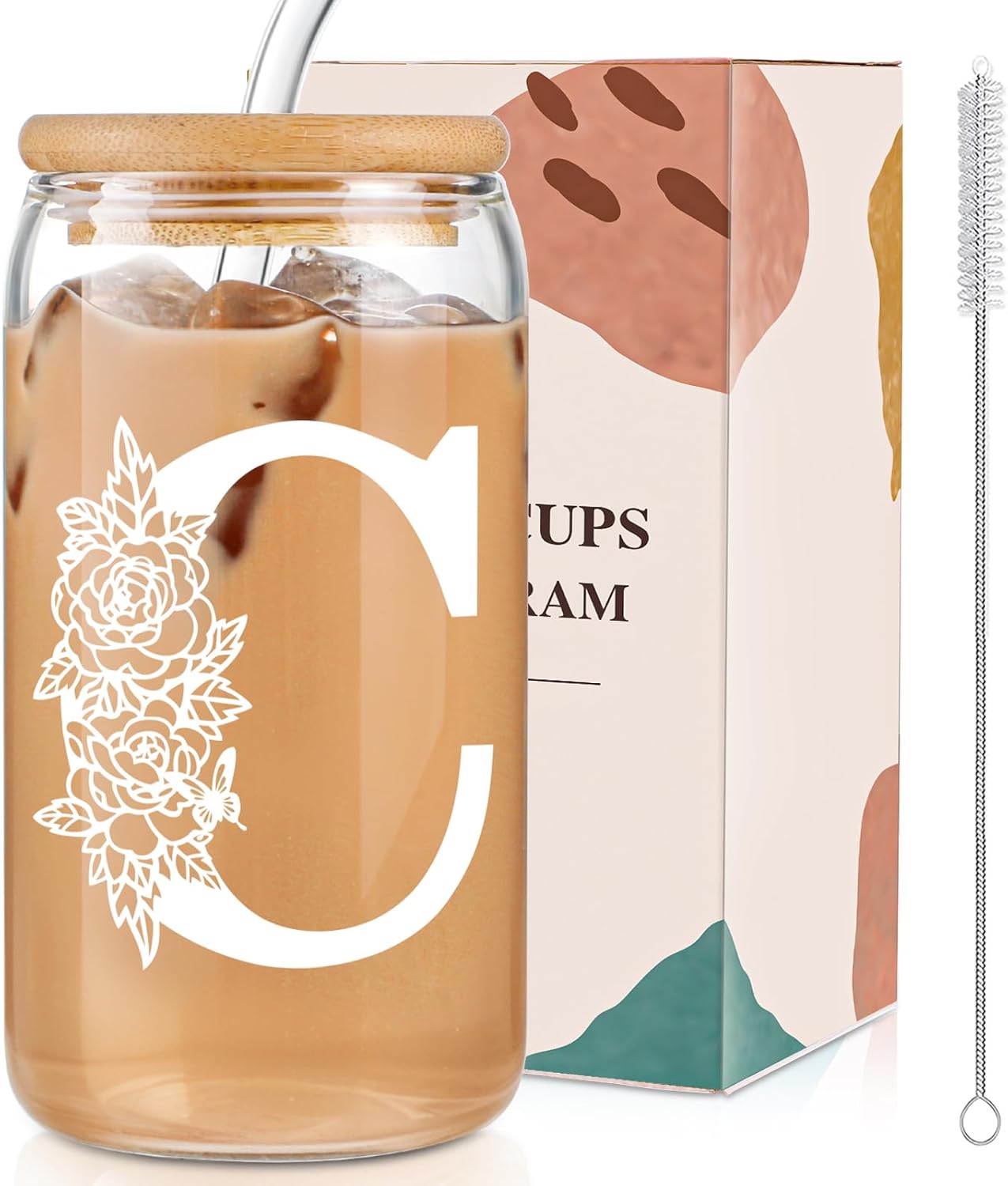 Glass Cups with Lids and Straws: Personalized Initial Glass Cup Be Used As Reusable Iced Coffee Cups with Lids,Cute Matcha Tumbler - The Christmas/Birthday Gifts for Women - M Smoothie Cup