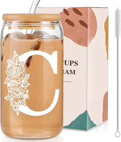 Glass Cups with Lids and Straws: Personalized Initial Glass Cup Be Used As Reusable Iced Coffee Cups with Lids,Cute Matcha Tumbler - The Christmas/Birthday Gifts for Women - M Smoothie Cup