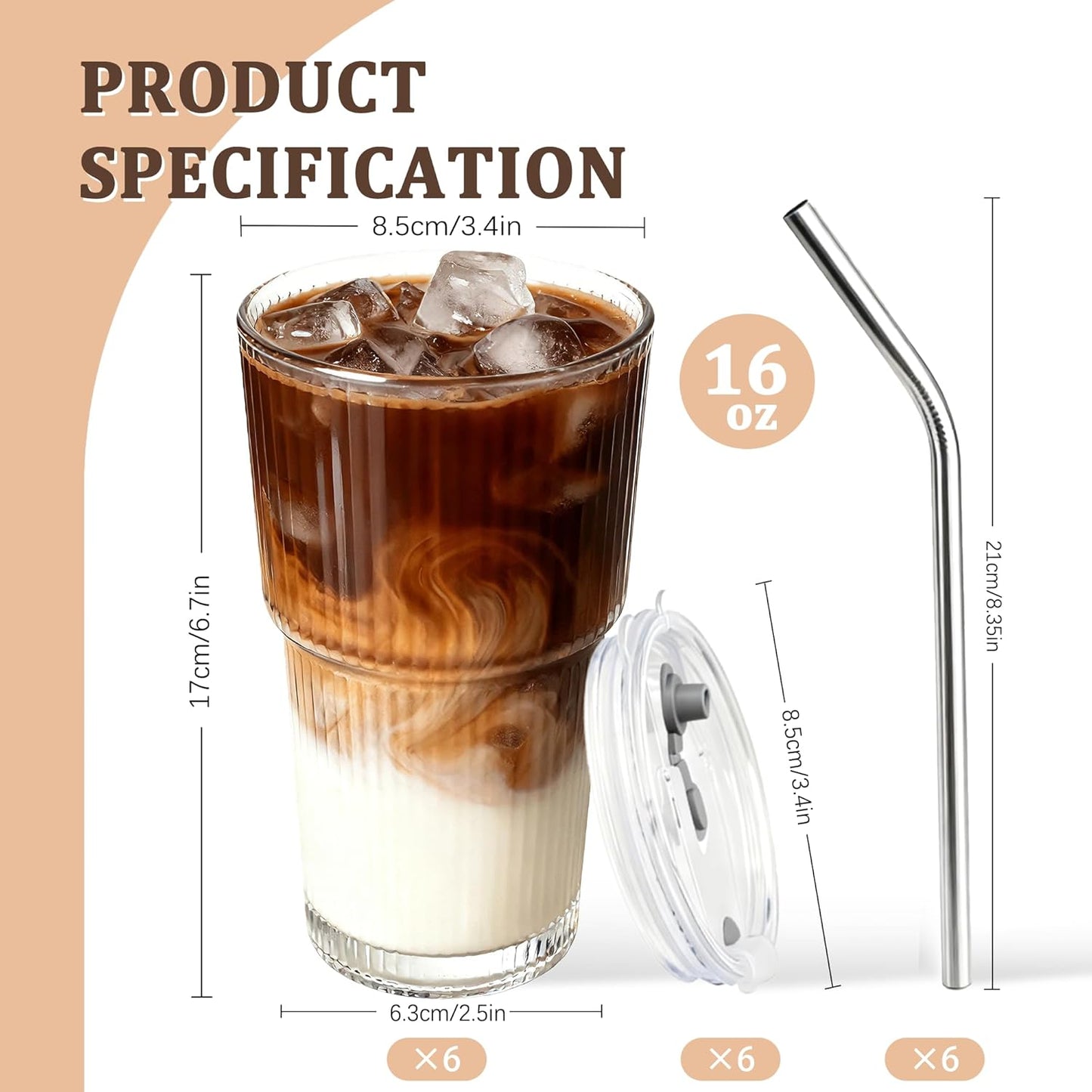 2 Packs Ribbed Glass Tumbler with Lid and Straw 16 oz Cute Ice Coffee Cup Set for Smoothie Juice Matcha Tea Latte Cappuccino Espresso Hot Coffe Water Reusable Clear Travel Mug Aesthetic Drinking Mug