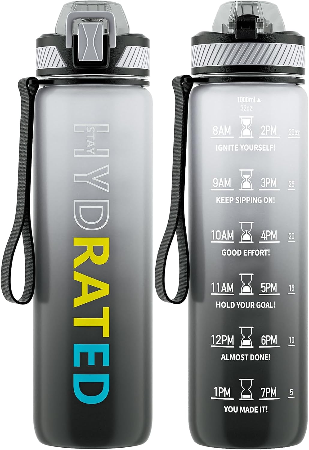 QLUR Water Bottle with Straw, 32oz Motivational Water Bottles with Time Marker to Drink, Tritan BPA Free, 1L Sports Water Bottle with Carry Strap LeakProof for Women Gym Fitness Outdoor (1 Pack)