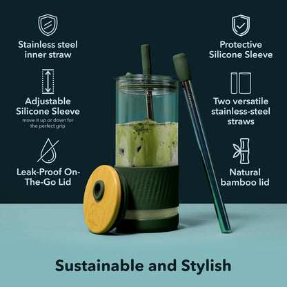 Pandaloo® Glass Cups With Lids and Straws -20 Fl Oz- Perfect Size Iced Coffee Cup - Smoothie Cup With Bamboo Lid and On the go Lid - Glass Tumbler With Straw (1 Count (Pack of 1), Lilac Rhapsody)
