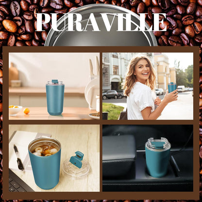 Puraville Insulated Tumblers with Lid, 14 oz Travel Coffee Mug Stainless Steel Vacuum Cup, Leak Proof Reusable Double Walled Coffee Tumbler for Iced and Hot Drinks, Cream