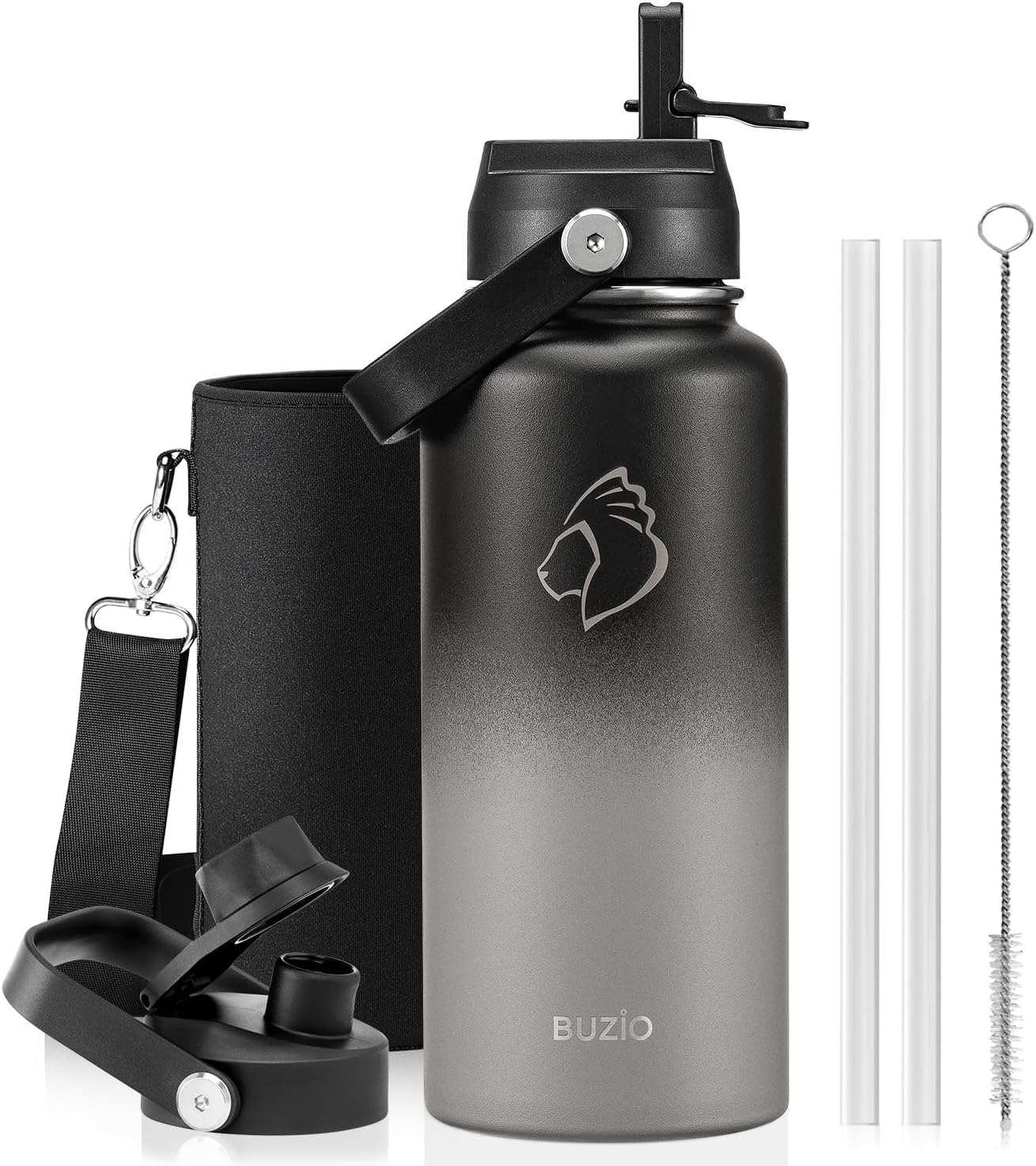 BUZIO 40oz Insulated Water Bottle, Triple Wall Vacuum Stainless Steel Water Flask with 2 lids, Lead-Free BPA-Free Straw Lid Sports Canteen Jug, Cold 48H & Hot 24H- Black - Colors B