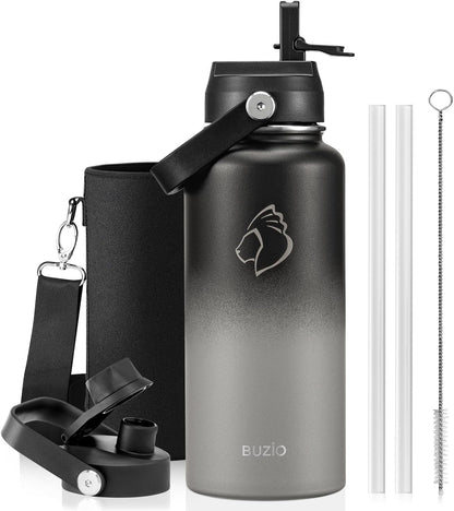 BUZIO 40oz Insulated Water Bottle, Triple Wall Vacuum Stainless Steel Water Flask with 2 lids, Lead-Free BPA-Free Straw Lid Sports Canteen Jug, Cold 48H & Hot 24H- Black - Colors B