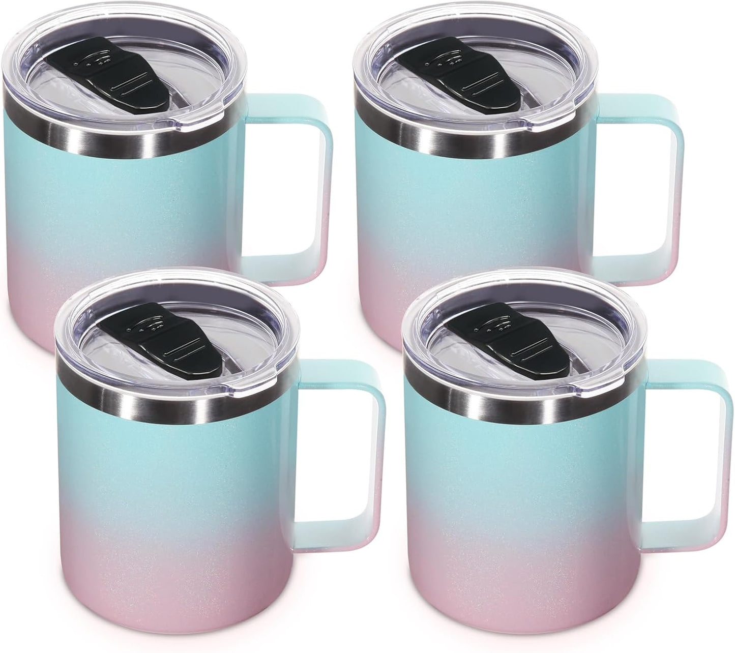 Volhoply 14oz Insulated Stainless Steel Coffee Mug with Lid Bulk 4 Pack,Double Wall Vacuum Travel Coffee Cup with Handle,Reusable Metal Cups Tumbler Cup,Camping Mugs,Ideal Gifts(Mix,4)