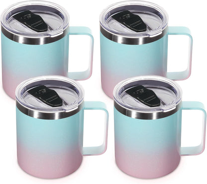 Volhoply 14oz Insulated Stainless Steel Coffee Mug with Lid Bulk 4 Pack,Double Wall Vacuum Travel Coffee Cup with Handle,Reusable Metal Cups Tumbler Cup,Camping Mugs,Ideal Gifts(Mix,4)