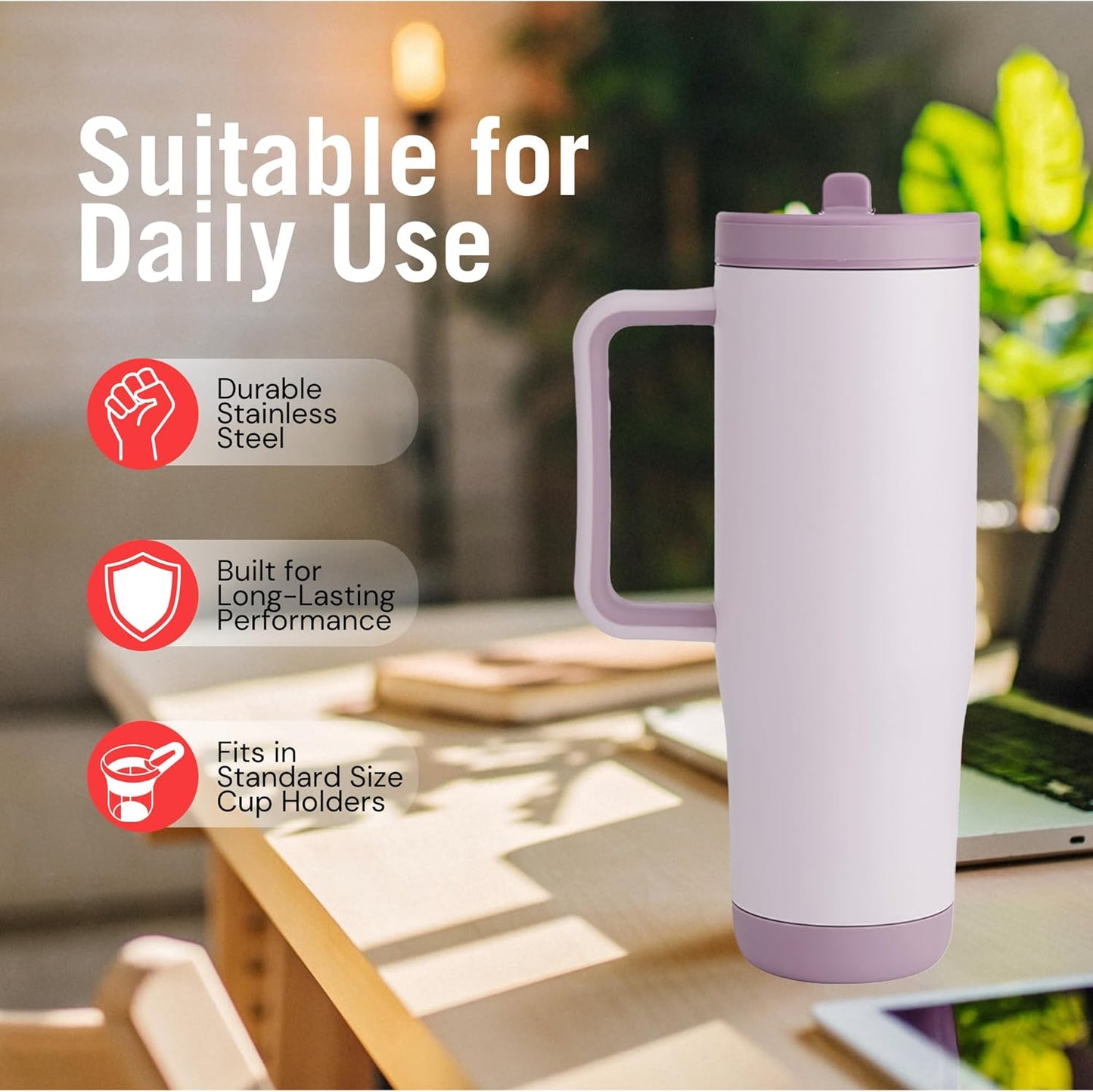 Built 40 oz Cascade Flip Straw Tumbler, Double Wall Insulated Bottle, Gym & Sport Bottles - Stainless Steel & Straw Lid, Leak-Proof, Soft Bumper Base, Portable BPA-Free (Lavender)