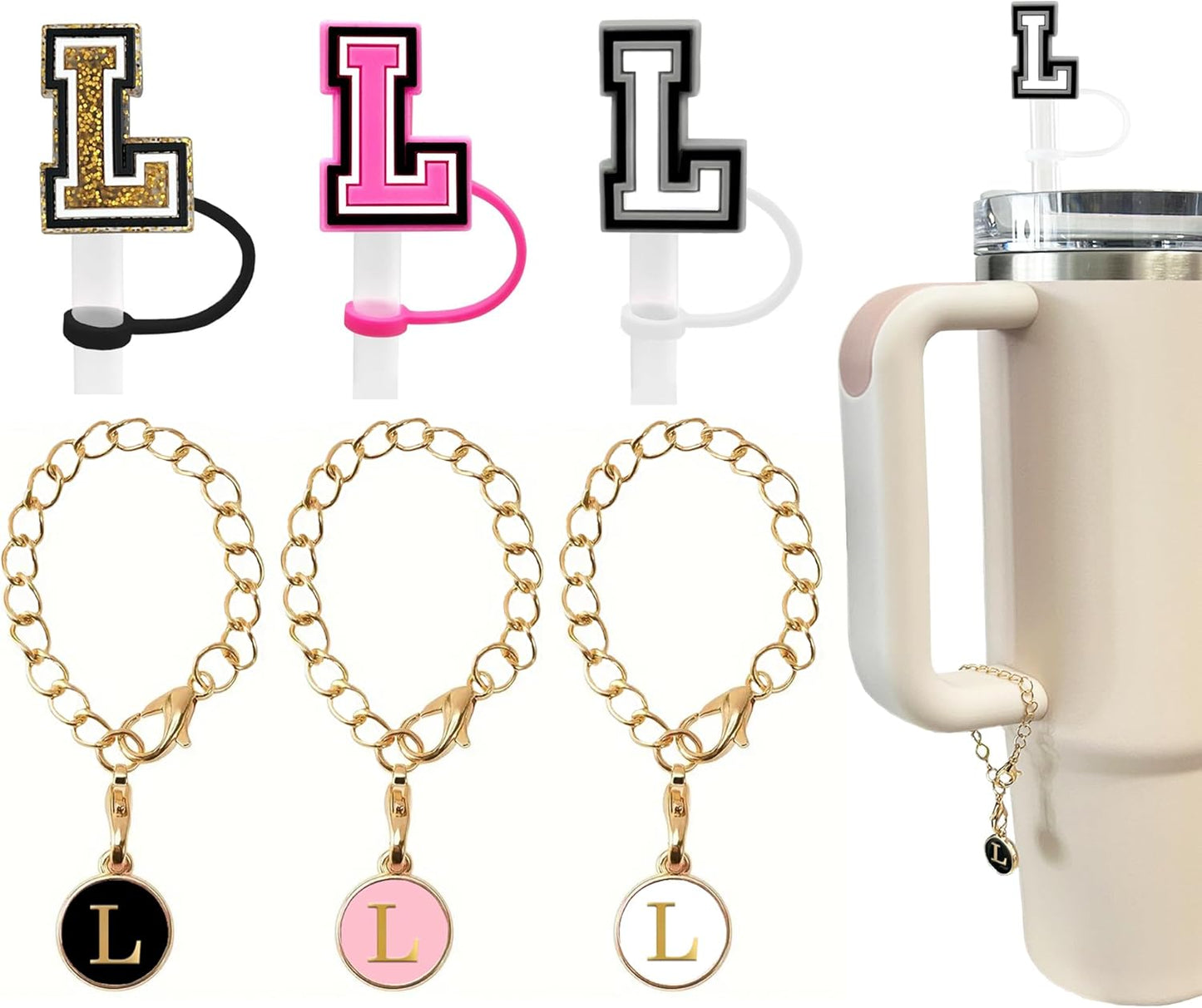 （3 +3) 3PCS Nuozme Straw Cover 10mm For Stanley Tumbler Cup Reusable Straw Cap Topper with 3 Initial Letter Charms Accessories Name ID Personalized Handle Charm For Stanley 30&40 Oz Cup Tumbler - Colors B