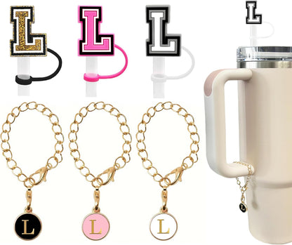 （3 +3) 3PCS Nuozme Straw Cover 10mm For Stanley Tumbler Cup Reusable Straw Cap Topper with 3 Initial Letter Charms Accessories Name ID Personalized Handle Charm For Stanley 30&40 Oz Cup Tumbler - Colors B
