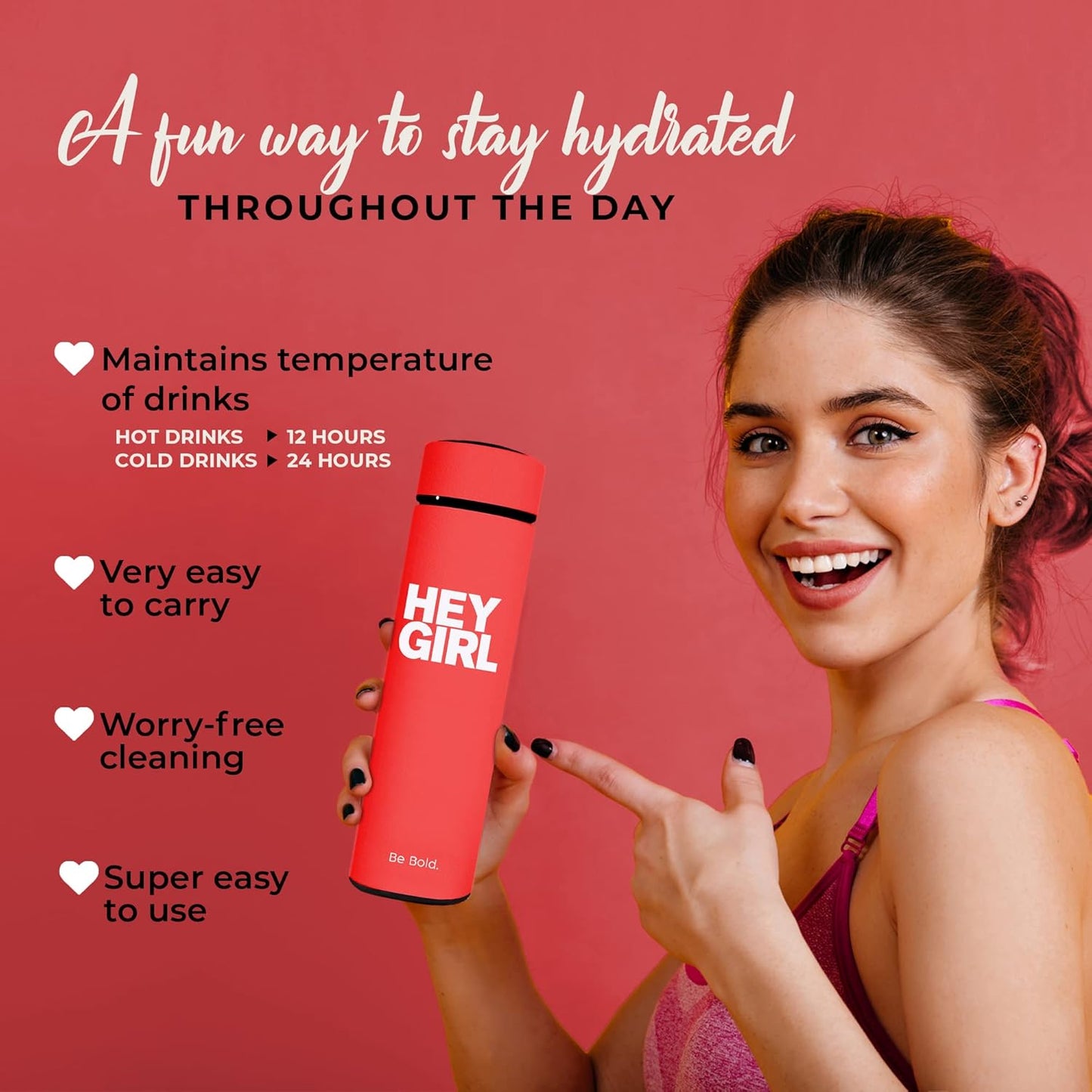 Hey Girl Tea Infuser Bottle 450ml - Insulated Stainless Steel Water Bottle - Tea Tumbler with Tea Diffuser - Portable Travel Mug for Loose Leaf Tea & Infused Water - Tea Lovers Gifts for Women (Pink)