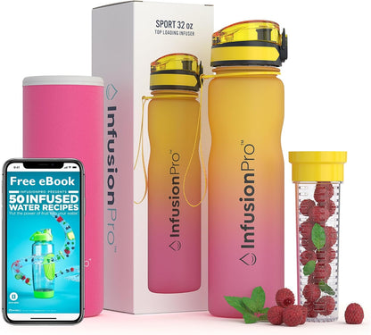 Infusion Pro 32 oz Fruit Infuser Water Bottle with Time Marker - Flip Top Locking Lid, Insulated Sleeve & 50 Recipe Fruit Infusion Water eBook : Leak Proof : for Gym, Sports, Travel : Unique Gift Idea