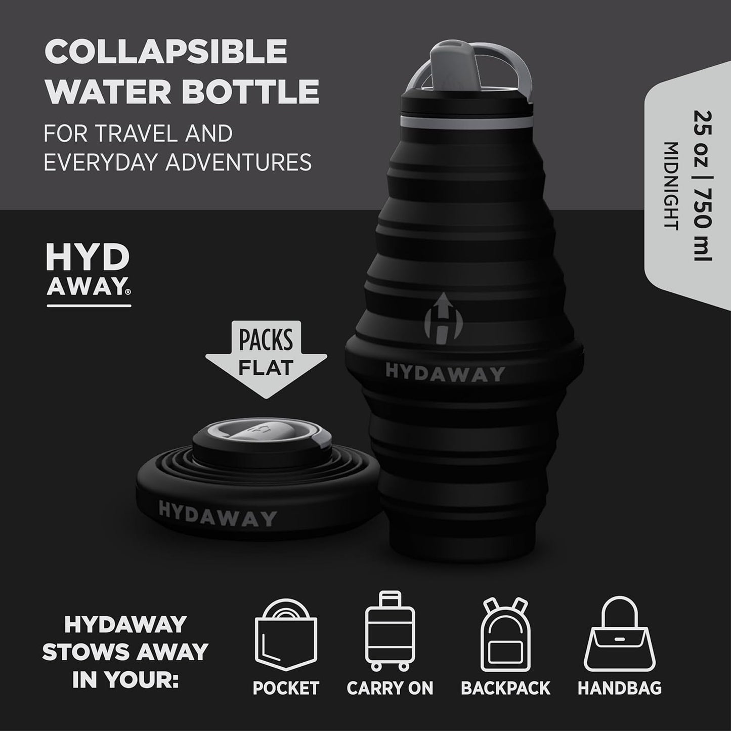 HYDAWAY 25oz Collapsible Travel Water Bottle - BPA-Free, Leakproof, Lightweight, Space-Saving - Perfect for Hiking, Travel, and All-Day Hydration