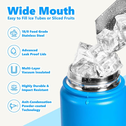 Insulated Water Bottle with Lid & Boot & Stickers, 24 oz Stainless Steel Sweat Free Bottle Keep Cold 24H, BPA-Free Sports Wide Mouth Water Bottle, BlueBlack