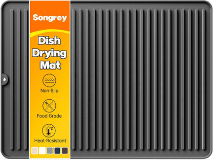 Songrey 12" x 6.5" Silicone Dish Drying Mat, Kitchen Counter Drying Pad for Sink Dishes or Under Rack, Multi-Use as Heat Resistant Trivet, Coffee Bar Mat