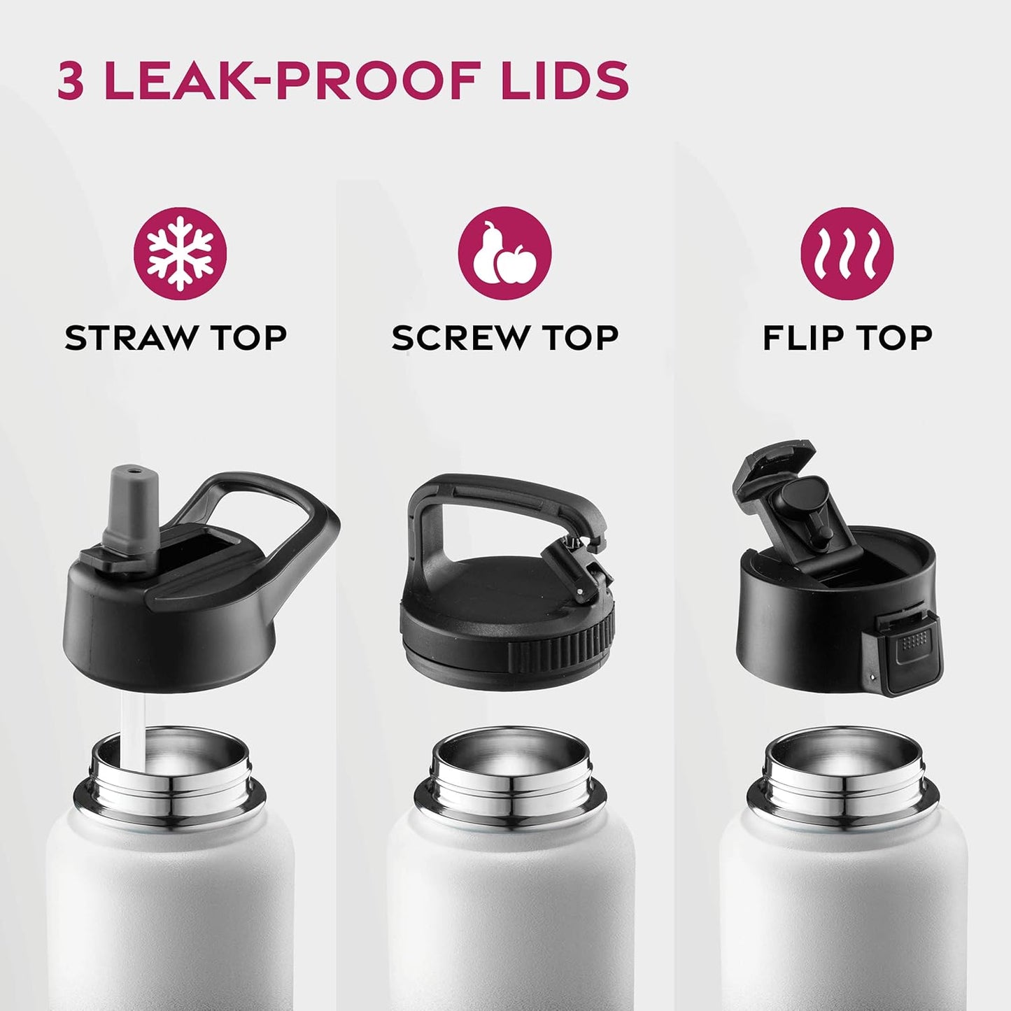 FineDine Water Bottle - Stainless Steel Insulated Water Bottle with Straw Lid, Flip Lid & Wide-Mouth Cap - Keeps Hot and Cold - 25 Oz / 739ml - Dreamy Purple