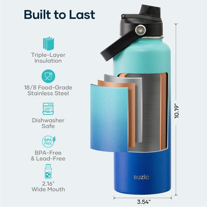 BUZIO 40oz Insulated Water Bottle, Triple Wall Vacuum Stainless Steel Water Flask with 2 lids, Lead-Free BPA-Free Straw Lid Sports Canteen Jug, Cold 48H & Hot 24H- Black - Colors B