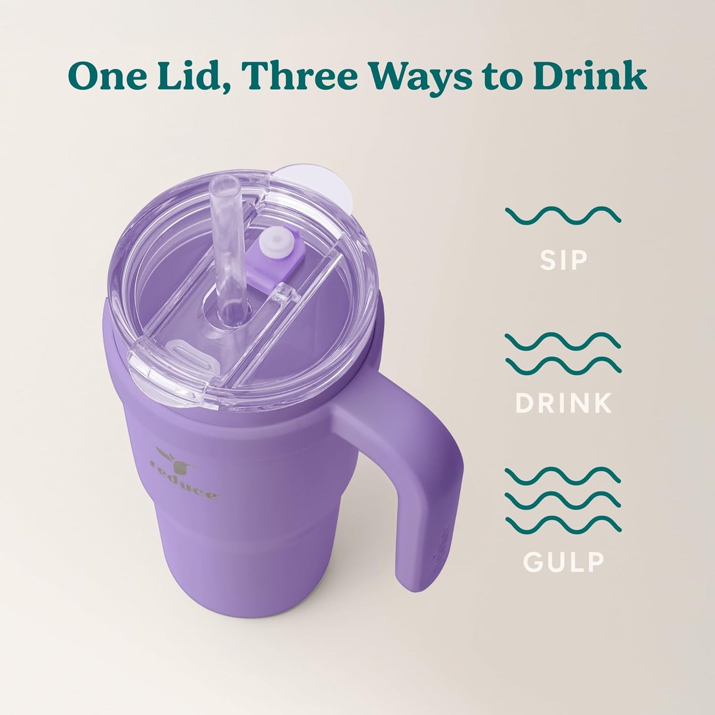 REDUCE 24 oz Stainless Steel Tumbler with Handle - Dual-Wall Vacuum Insulated Travel Mug, Sweat-Proof Lid & Reusable Straw - Keeps Drinks Cold for 24 Hrs, Fits Cupholders, Dishwasher Safe - Lilac Bud