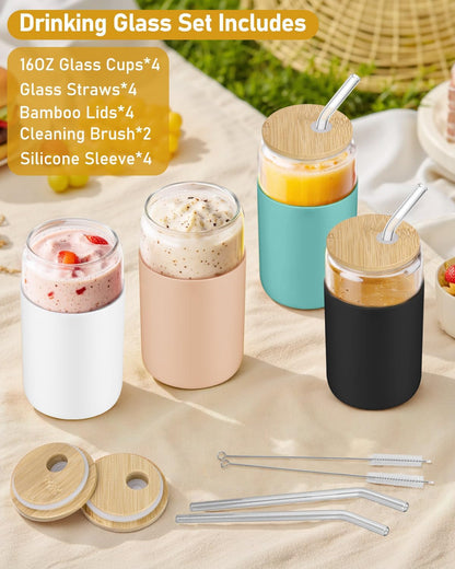 sungwoo 4PCS Glass Cups with Bamboo Lids and Straws, 16OZ Ice Coffee Cup, Drinking Cup set with Wooden Lids, Home Essential Glass Tumblers for Beer, Cocktail, Tea and Latte Clear