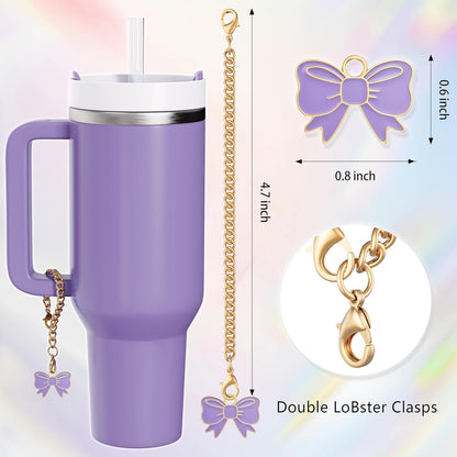 Compatible with Stanley Cup Accessories - 3Pcs 10mm Bow Straw Topper Compatible with Stanley Cup Straw Cover Cap, 2pcs Pink Bow Charms for Stanley 30&40 Oz Tumbler with Handle