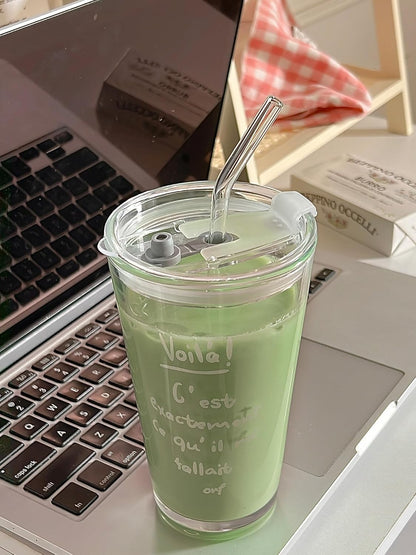 Olvini 15oz Glass Tumbler with Straw and Lid, Cute Iced Coffee Cups, Aesthetic Glass Cups, Coffee Tumbler, Water Cup, Matcha Cup, Drinking Glasses (Clear)