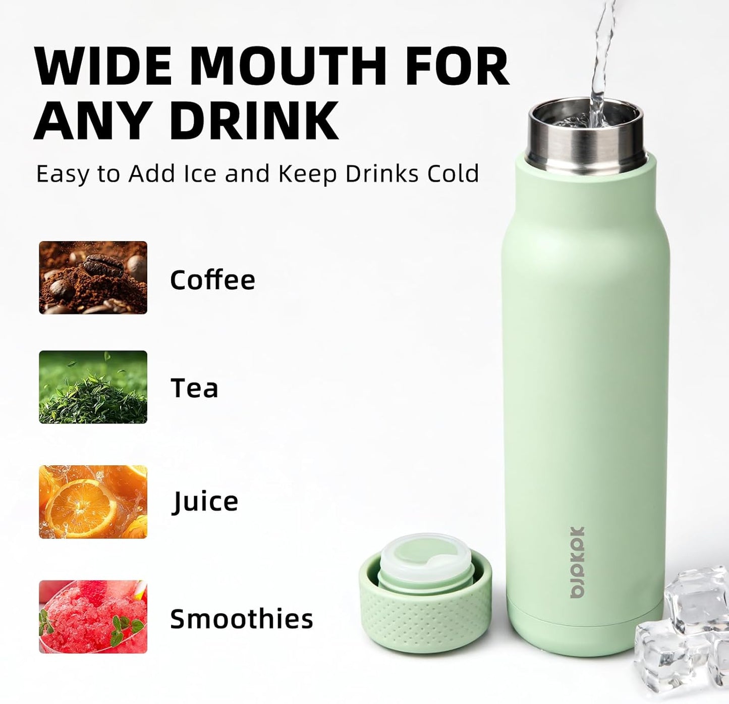 BJPKPK Stainless Steel Water Bottle,21oz insulated Reusable Bottle,Leakproof Metal Thermal Flask Double Wall,Keep Drinks Cold and Hot,Mint Green