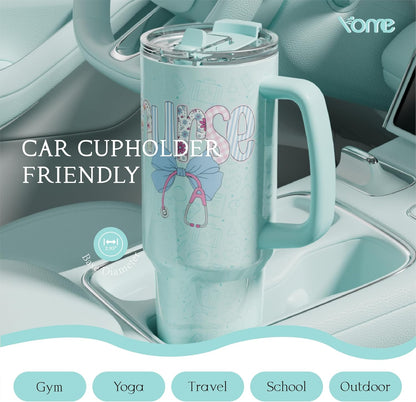 YOME 40oz Nurse Tumbler with Handle and Flip Straw | Stainless Steel Insulated Water Bottle | Keeps Drinks Cold | Dishwasher Safe | Cupholder Friendly | Gift Gym Travel Yoga