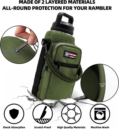 NATURE PIONEOR Water Bottle Holder with Adjustable Strap - 26/32/36/40/46/64oz Insulated Water Bottle Sling Carrier with Paracord Handle & 2 Pockets, Outdoor Sports, Hiking, Camping, Gym