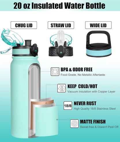 Oldley Insulated Water Bottle 20oz for Adults Kids Stainless Steel Water Bottles with Straw/Chug/Carabiner 3 Lids Fruit Strainer Double Wall Vacuum Wide Mouth BPA Free Leak-Proof for School Travel