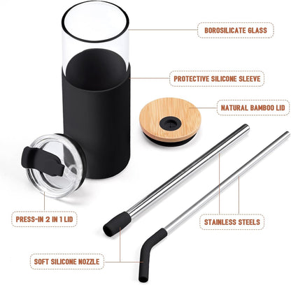 Kodrine 20oz Glass Water Tumbler with Straw and Lid, Bamboo Lids Water Bottle, Iced Coffee Cup Reusable, Wide Mouth Smoothie Cups with Protective Silicone Sleeve BPA FREE-Black - Colors A