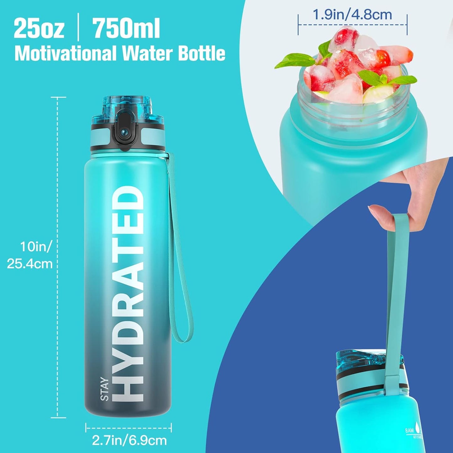 Sahara Sailor Water Bottle 32oz, Durable and Leakproof Water Bottles Motivational with Time Marker, Tritan, BPA Free, Wide Mouth with Easy Clean Brush for Gym, Travel, Home, School, Office (1 Bottle)