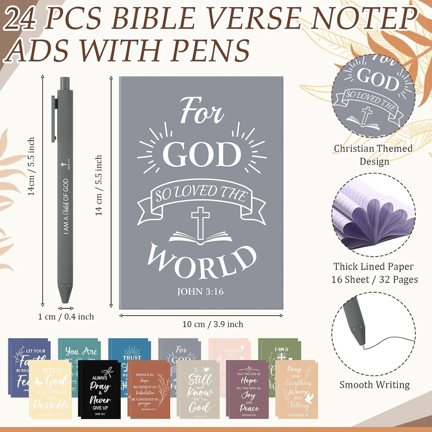 Feifeiya 72 Pcs/ 24 Set Bible Verse Gifts Bulk 24 oz Father's Day Christian Plastic Tumbler with Lids and Straws Inspirational Prayer Notepads Religious Pen Church Cups Gift for Christian Party Favors