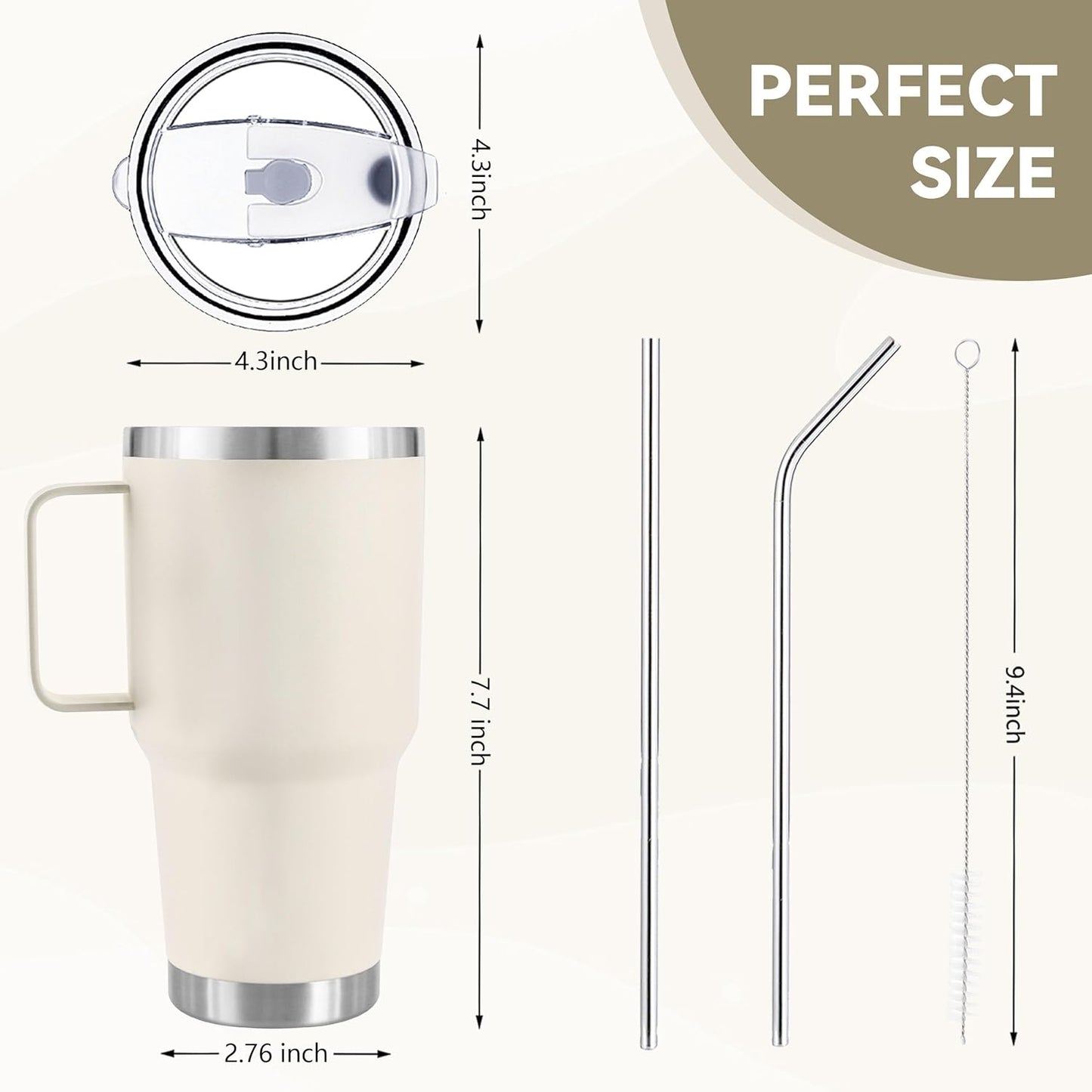 30 oz Tumbler With Handle, Double Wall Stainless Steel Vacuum Insulated Travel Mug with Splash-Proof Lid Metal Straw and Brush (Cream)