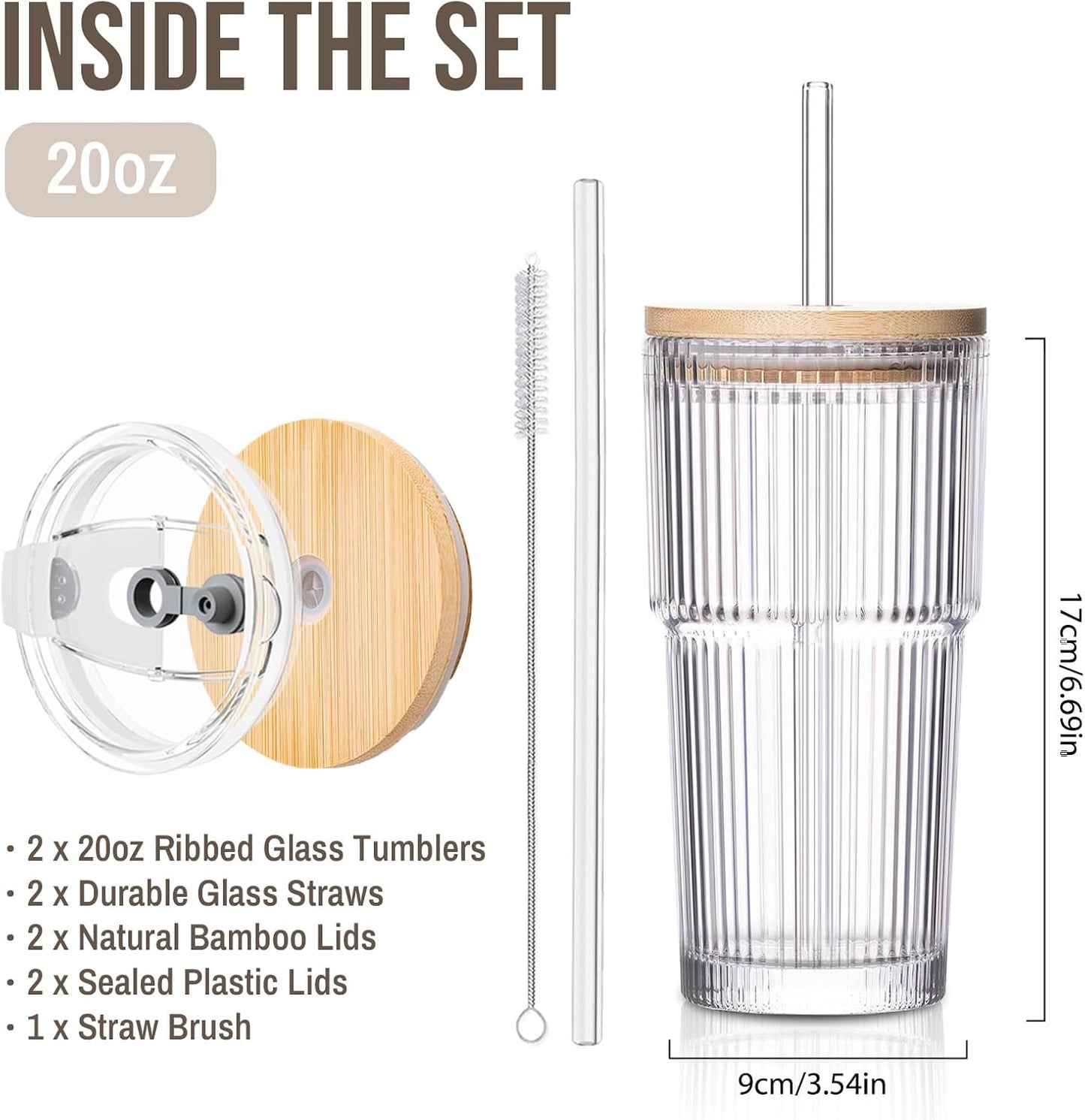 SoulTimes 20oz Glass Cups with Lids and Straws, Ribbed Glass Tumbler for Iced Coffee, Smoothie, Juice & Cold Drinks, Reusable Thick Glassware Set, Elegant Home & Travel Drinkware【2 Pack】