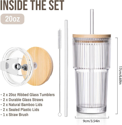 SoulTimes 20oz Glass Cups with Lids and Straws, Ribbed Glass Tumbler for Iced Coffee, Smoothie, Juice & Cold Drinks, Reusable Thick Glassware Set, Elegant Home & Travel Drinkware【2 Pack】