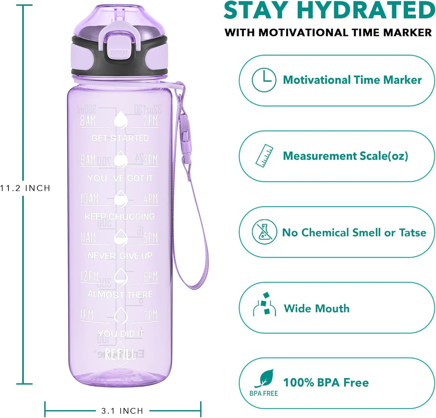 Enerbone 32 oz Drinking Water Bottle with Times to Drink and Straw, Motivational with Carrying Strap, Leakproof BPA & Toxic Free, Ensure You Drink Enough Water for Fitness Gym Outdoor