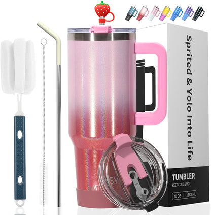 40 oz Tumbler with Handle,Tumbler with Lid and Straw,Double Wall Insulated Cup Stainless Steel Travel Mug(Cold for 34 Hours),Water Bottle for Iced Tea,Coffee,Cold Beverages(Purple)