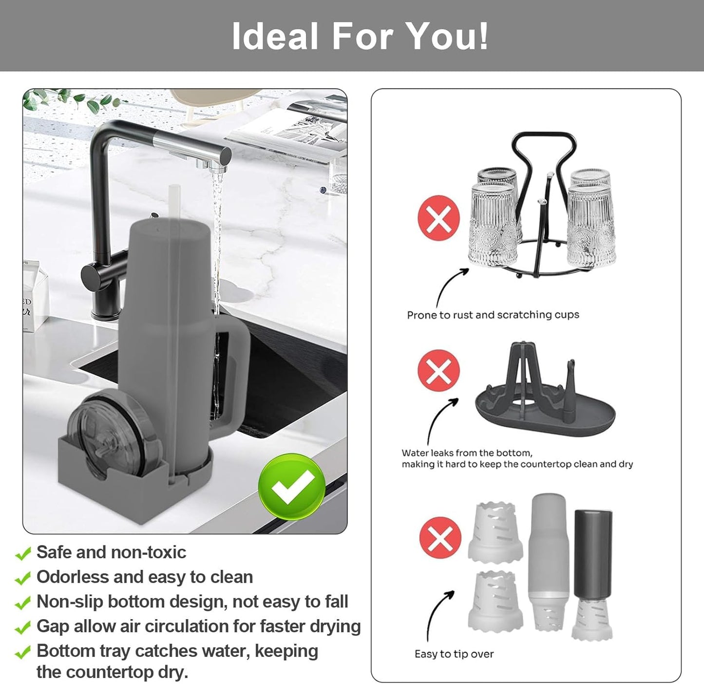 Water Bottle Drying Rack, Silicone Tumbler Drying Rack, Baby Bottle Dryer Holder, Cup Dryer for Stanley 20/30/40 oz, Mugs, Glasses